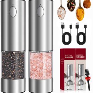 Enutogo Electric Salt and Pepper Grinder Set, Rechargeable Salt and Pepper Shakers Refillable, Automatic Pepper Mill with Adjustable Coarseness, One Hand Operation with LED light, Stainless Steel