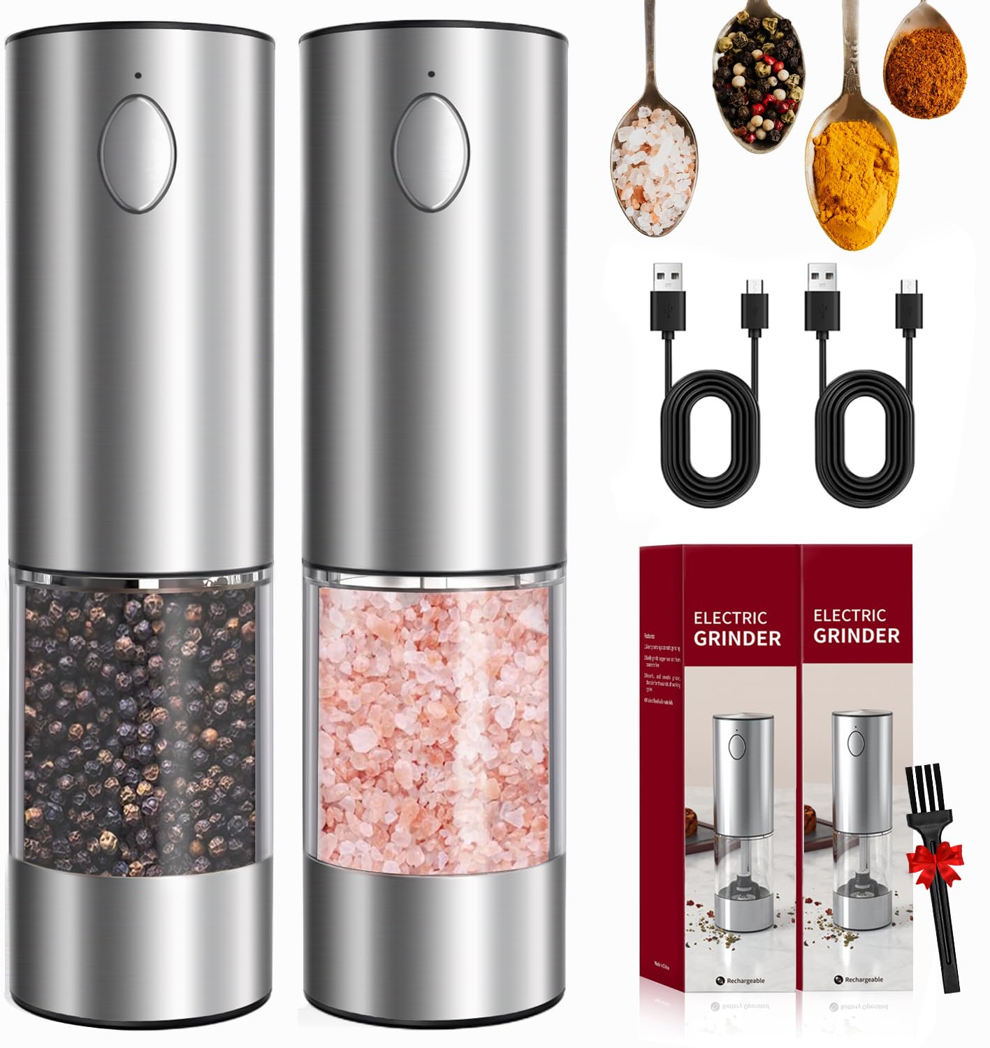 Enutogo Electric Salt and Pepper Grinder Set, Rechargeable Salt and Pepper Shakers Refillable, Automatic Pepper Mill with Adjustable Coarseness, One Hand Operation with LED light, Stainless Steel