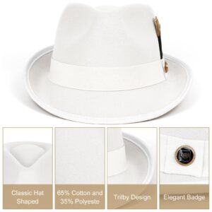 FADACHY Fedora Hats for Men & Women Short Brim Felt Hat Trilby Fedora with Feather Panama Dress Hat White Fedora M-L