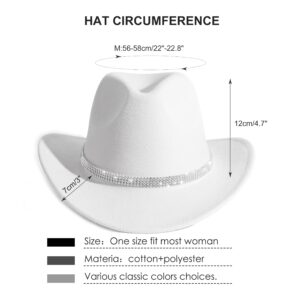 HUDANHUWEI Shiny Rhinestone Cowgirl Hat Bling Wide Brim Cowboy Hat Party Classic White