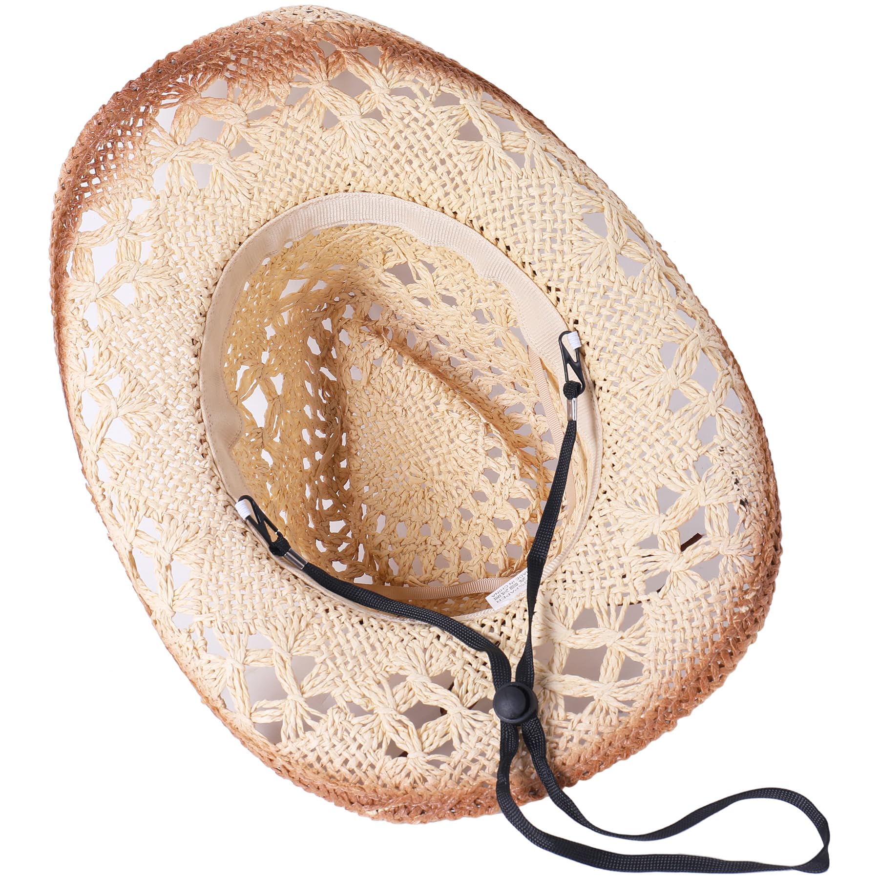 Lanzom Womens Straw Beach Sun Hat Packable Summer Cowboy Straw Hats with Wind Lanyard (US, Alpha, Medium, Brown Beads-Tea Stain)