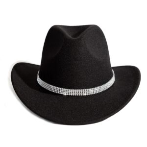 HUDANHUWEI Shiny Rhinestone Cowgirl Hat Bling Wide Brim Cowboy Hat Party Classic Black