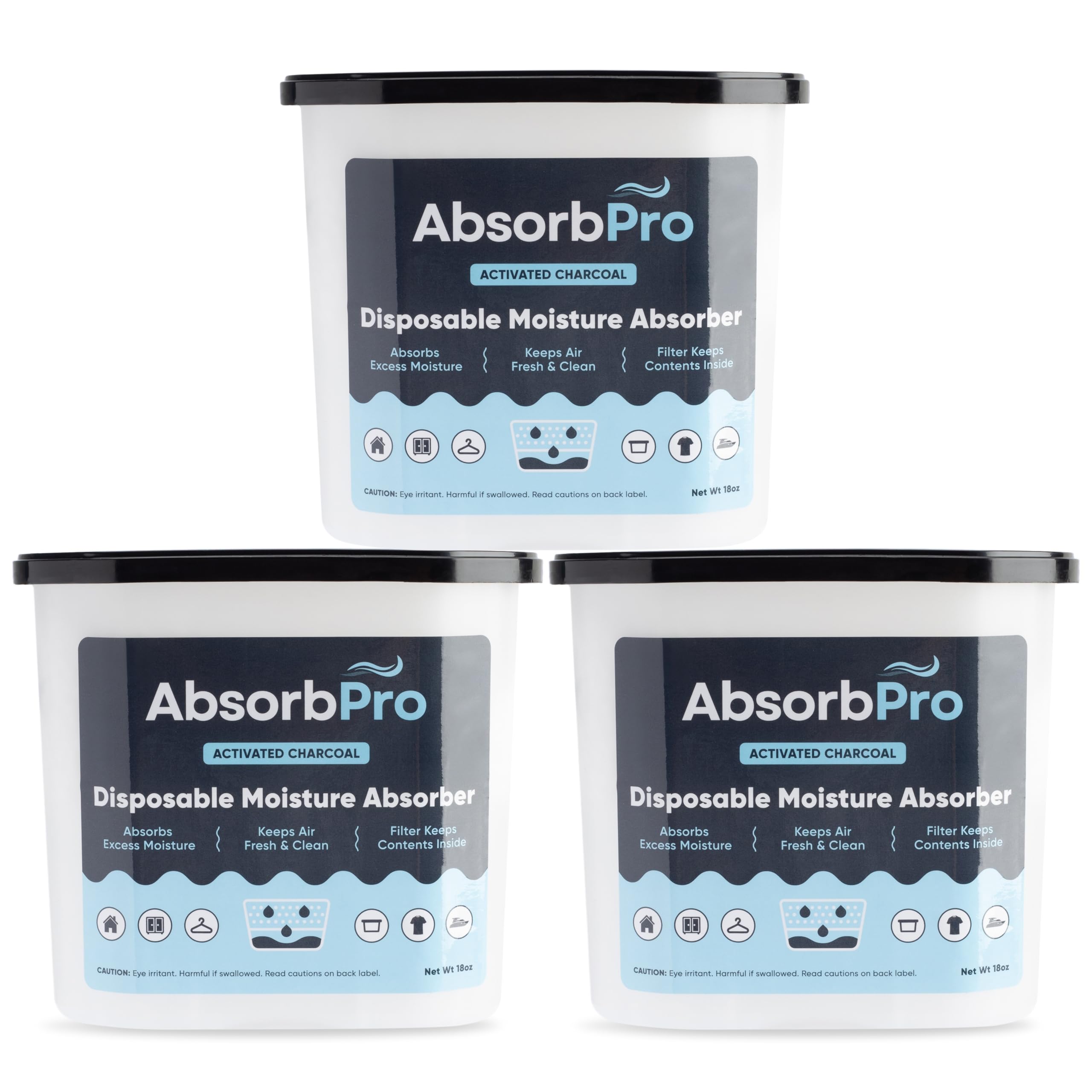 Absorb Pro - Moisture Absorber Tub with Activated Charcoal - 3-Pack - 18 oz Disposable Odor Eliminator Box & Dehumidifier for Garage, Home, Kitchen, Bedroom, Bathroom, Closet, Cars, and Boats