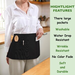 TOSHE Waist Apron with 3 Pockets Waterdrop Resistant Premium Cotton Waitress Apron 10 Color Option Server Apron (1, Black)