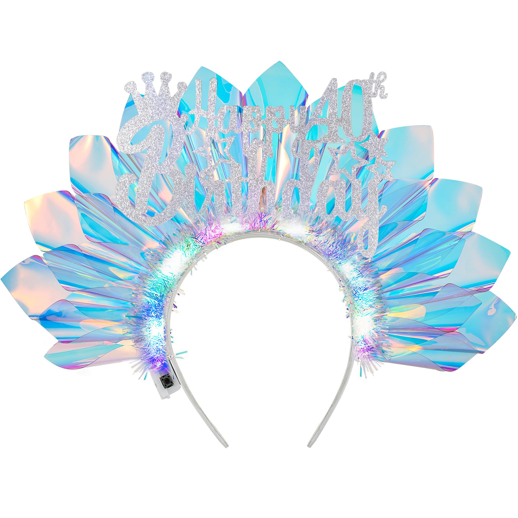 RENEMEGO Happy 40th Birthday Headband - Handmade LED Glowing Laser Light Up Birthday Crown Flashing 40 Years Old Bday Tiara Hair Accessories for Women Party Favors Gifts Photo Prop Decorations