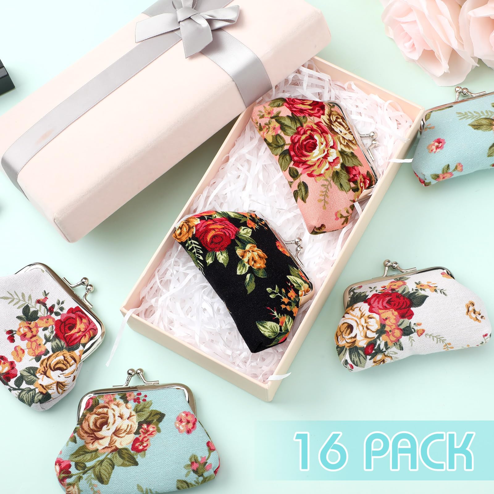 SilTriangle 16 Pcs Canvas Floral Buckle Coin Purses Vintage Kiss Lock Change Purses Bulk Rose Flower Wallet for Women(4 x 3 Inch)