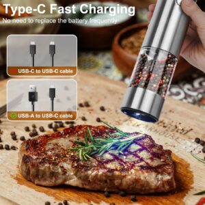 Enutogo Electric Salt and Pepper Grinder Set, Rechargeable Salt and Pepper Shakers Refillable, Automatic Pepper Mill with Adjustable Coarseness, One Hand Operation with LED light, Stainless Steel