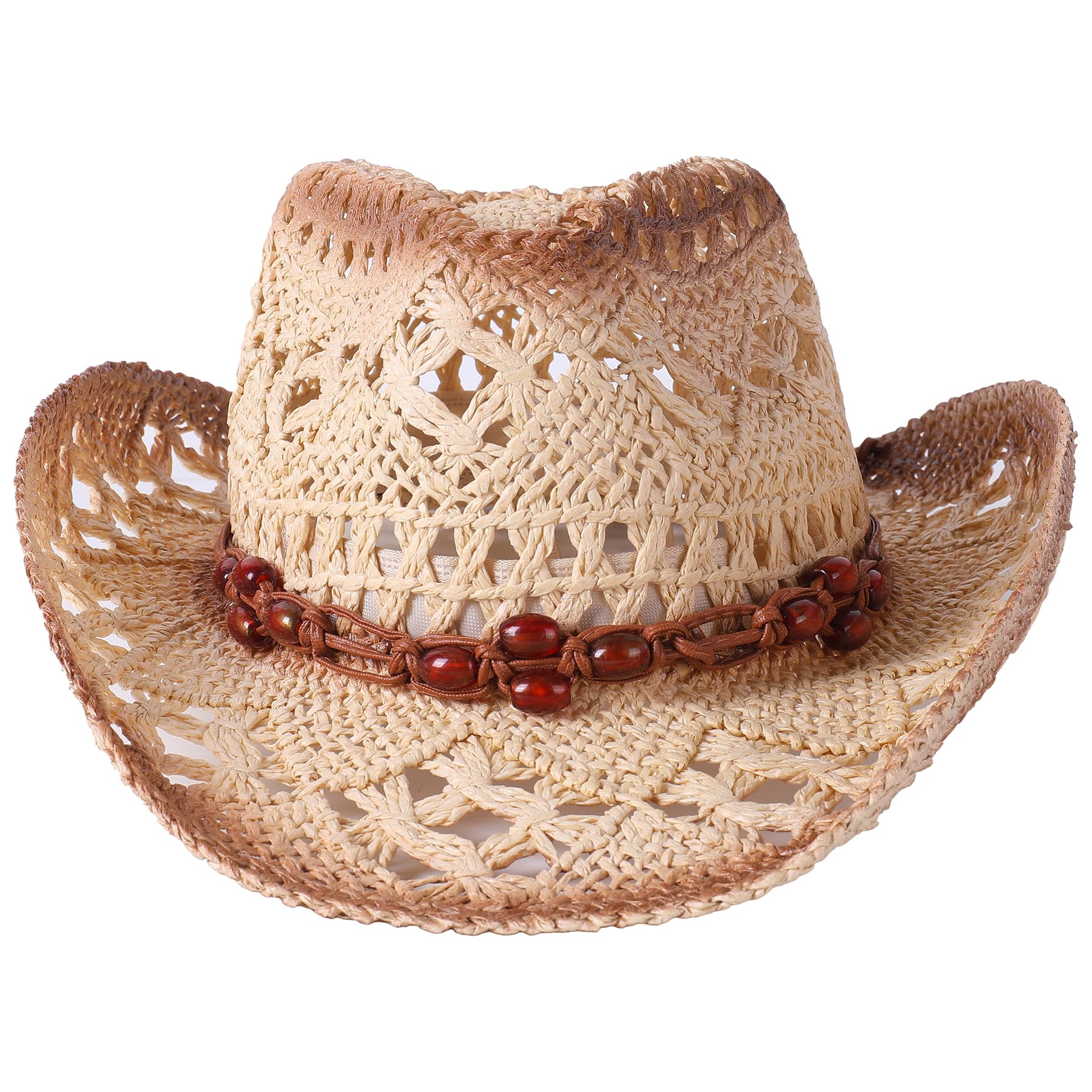 Lanzom Womens Straw Beach Sun Hat Packable Summer Cowboy Straw Hats with Wind Lanyard (US, Alpha, Medium, Brown Beads-Tea Stain)