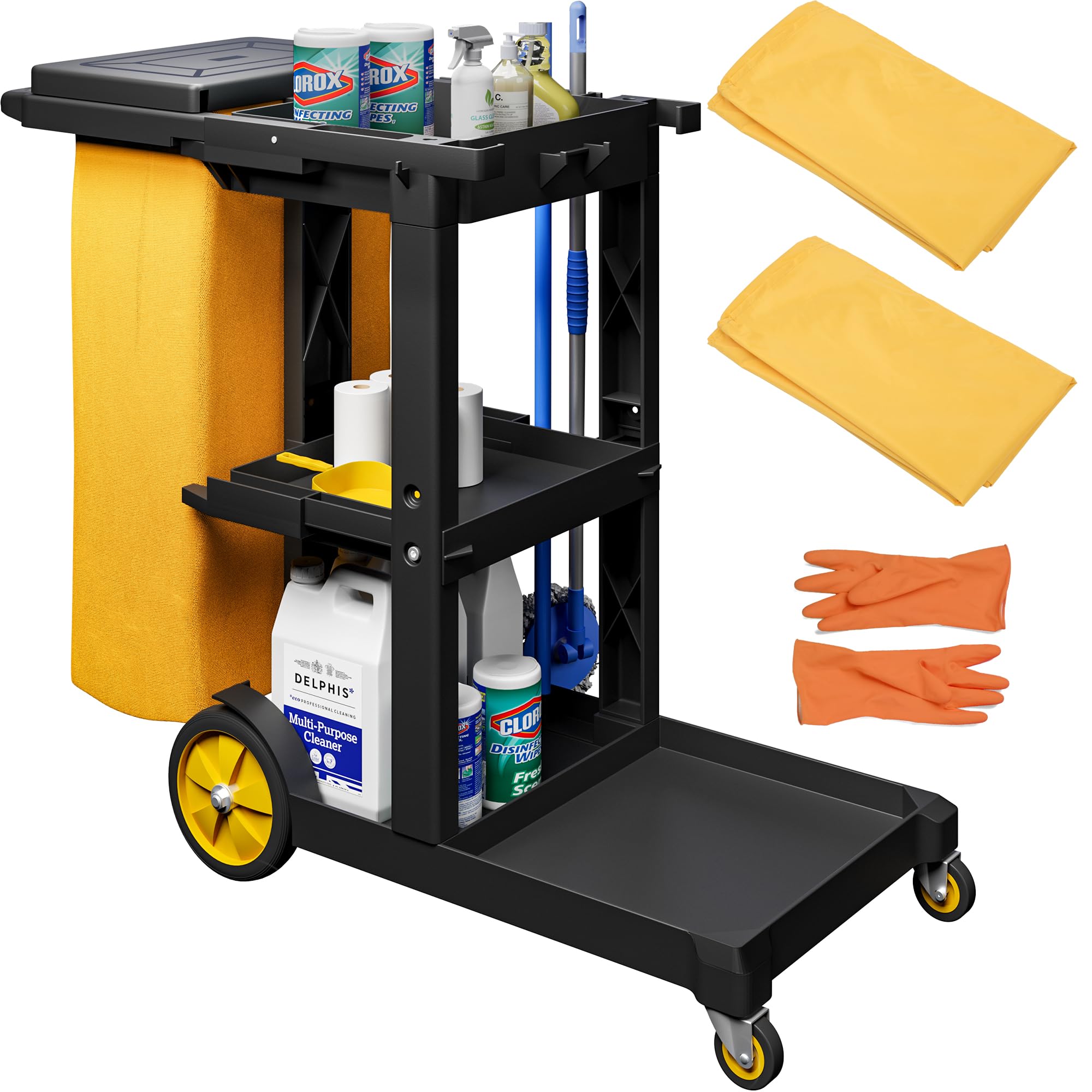 YITAHOME Cleaning Carts on Wheels, Janitorial Cart, 3-Shelf Commercial Traditional Plastic Housekeeping Cart, with 2 Yellow 25 Gallon Vinyl Bag and Pair of Rubber Gloves, Black