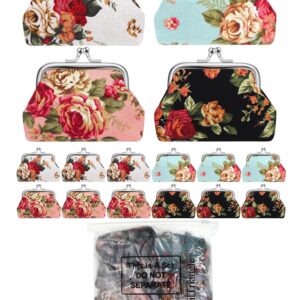 SilTriangle 16 Pcs Canvas Floral Buckle Coin Purses Vintage Kiss Lock Change Purses Bulk Rose Flower Wallet for Women(4 x 3 Inch)