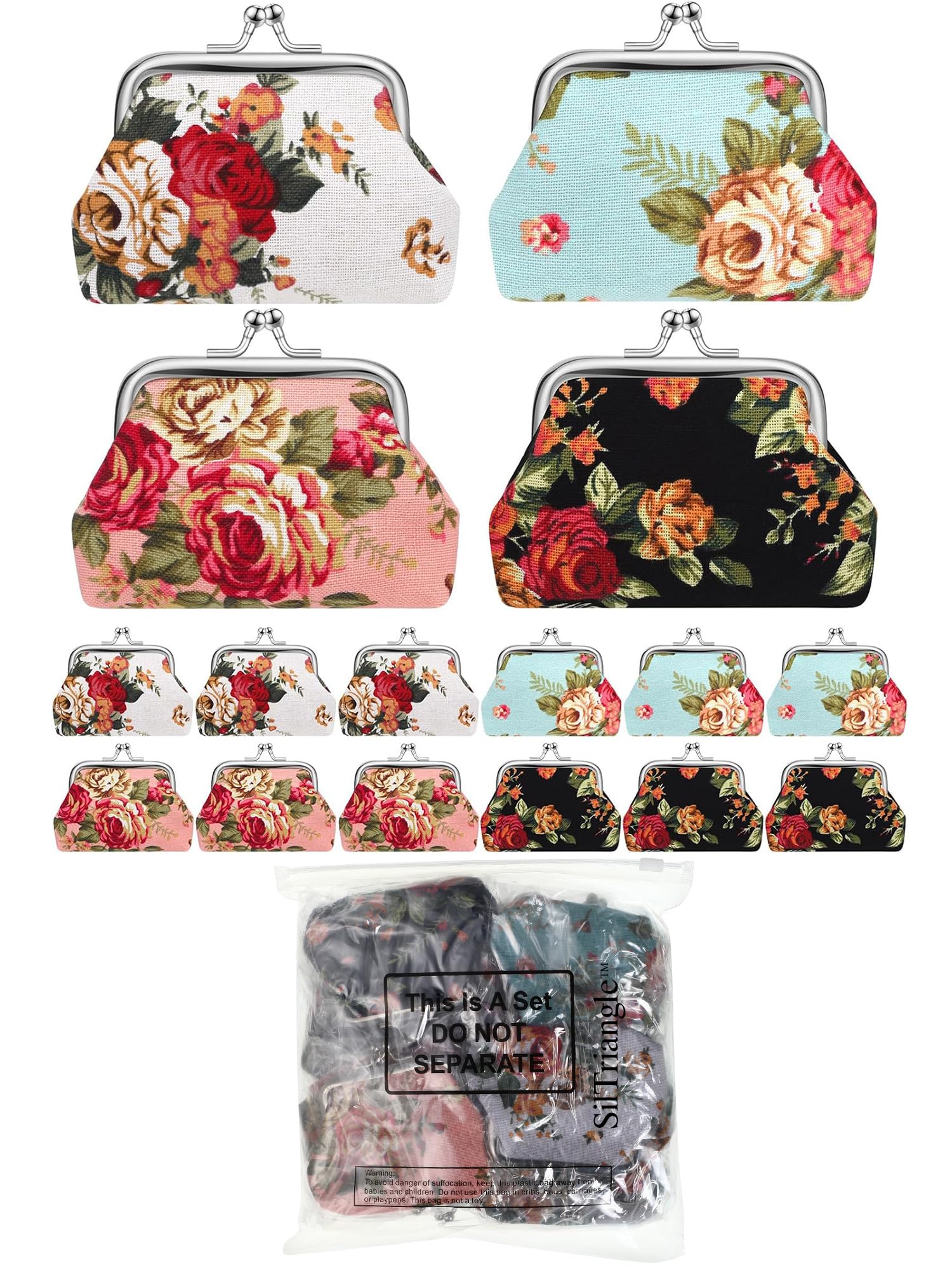 SilTriangle 16 Pcs Canvas Floral Buckle Coin Purses Vintage Kiss Lock Change Purses Bulk Rose Flower Wallet for Women(4 x 3 Inch)