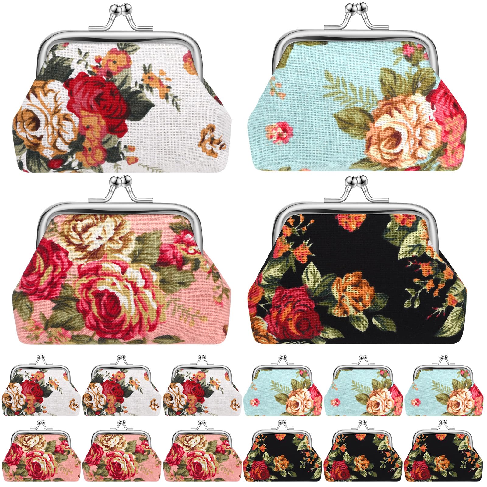 SilTriangle 16 Pcs Canvas Floral Buckle Coin Purses Vintage Kiss Lock Change Purses Bulk Rose Flower Wallet for Women(4 x 3 Inch)