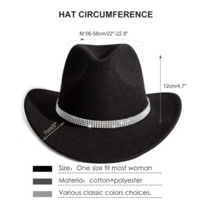 HUDANHUWEI Shiny Rhinestone Cowgirl Hat Bling Wide Brim Cowboy Hat Party Classic Black