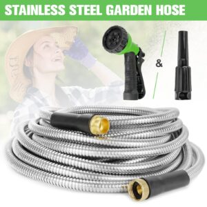 TVKB Metal Garden Hose 100ft Stainless Steel Water Hose Super Tough Flexible Water Pipe with 3/4 inch Brass Fittings and Sprayer Nozzle, Kink & Tangle Free, Rust Proof