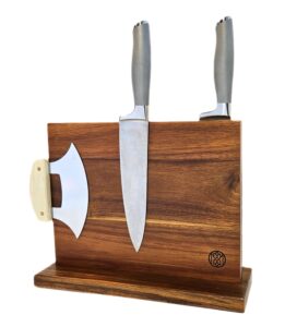 omni felix magnetic knife block, clean and efficient knife holder and storage, beautiful natural acacia wood knife display stand, strong magnetic double sided kitchen knife holder