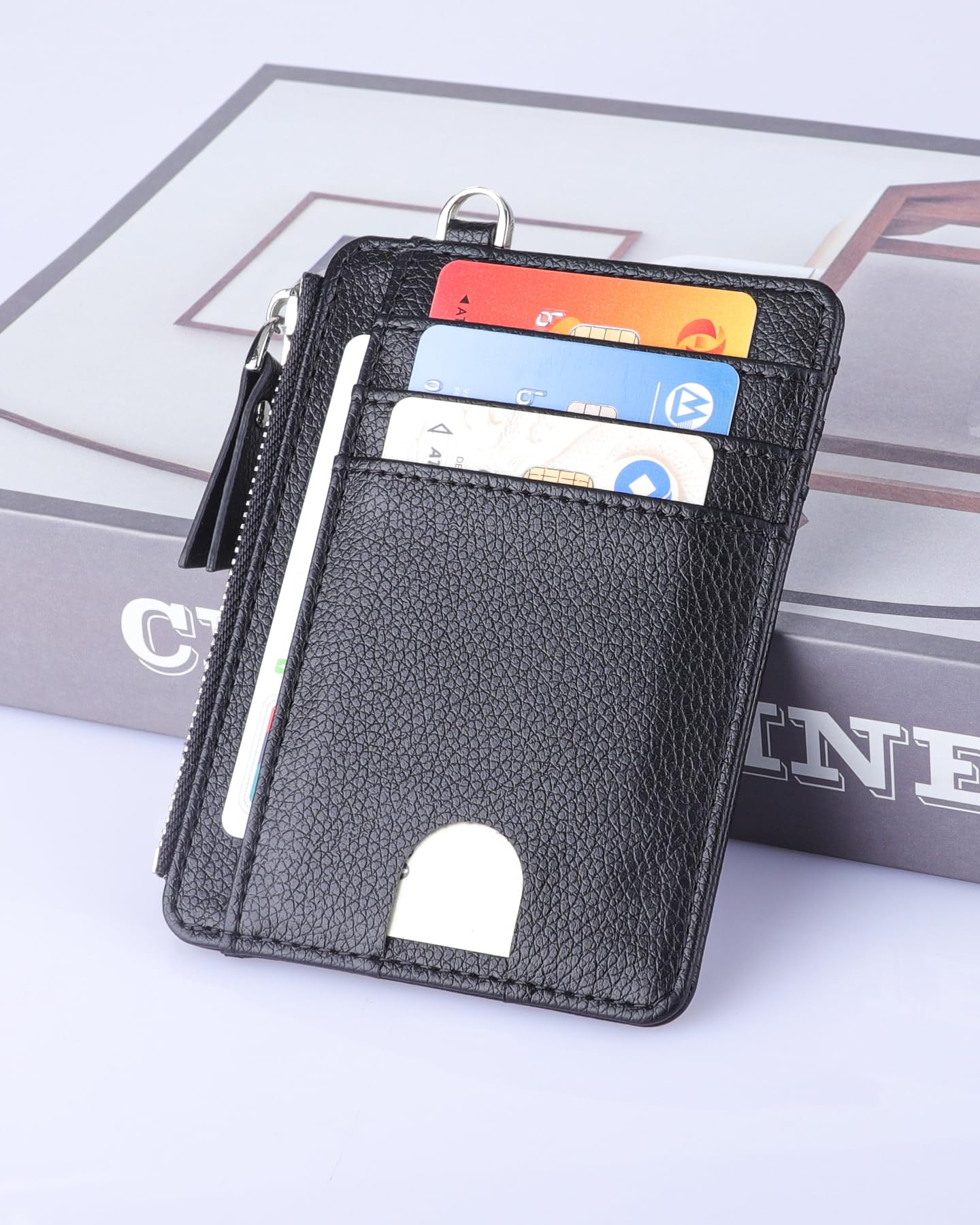 Teskyer Slim Minimalist Wallet, RFID Blocking Credit Card Holder Leather Wallet with Zipper Pocket for Men Women - Lichee Black