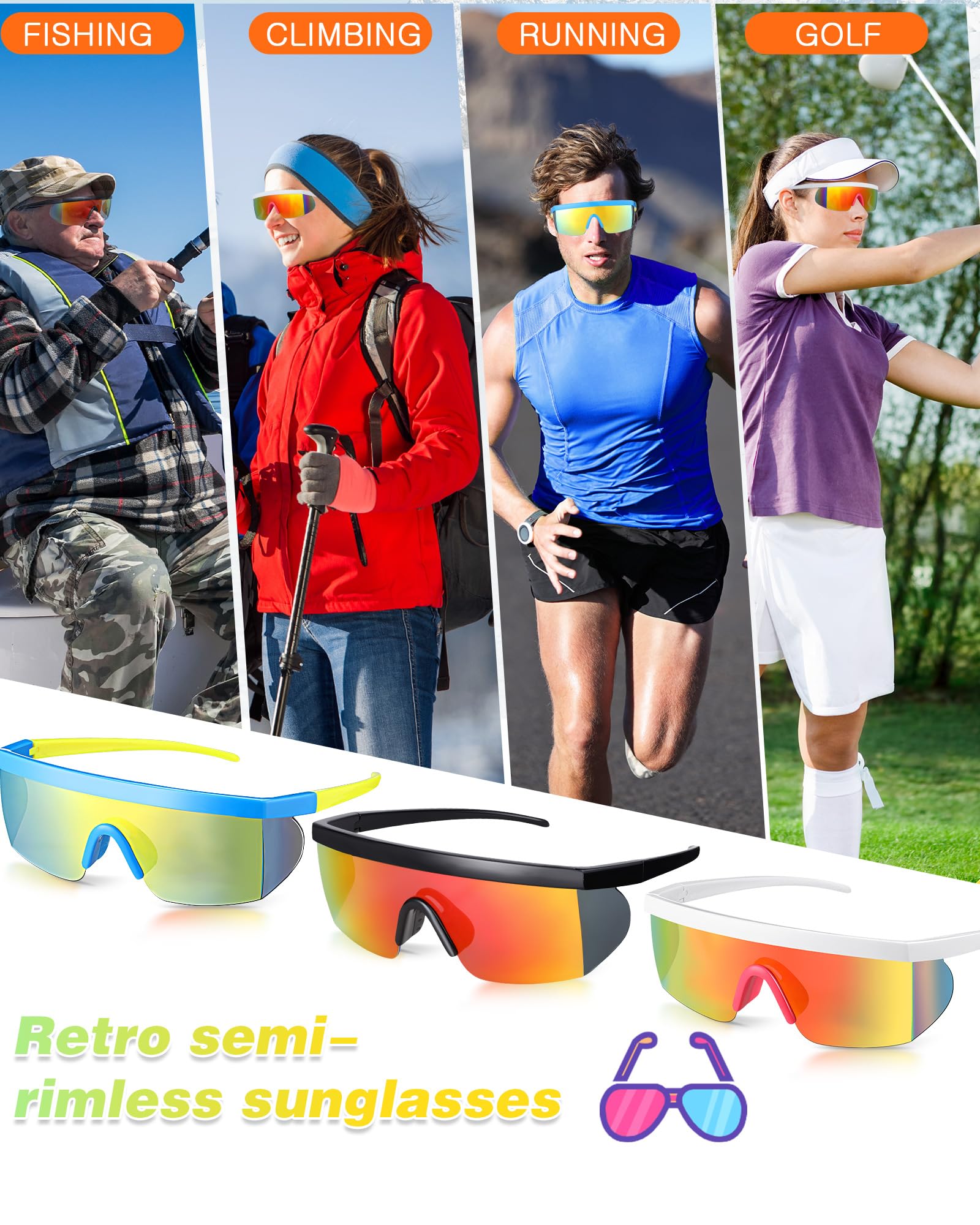 Kanayu 12 Pairs Neon Retro Semi Rimless Sunglasses 80s 90s Sunglasses Goggle Style Retro Rave Shades Glasses Sports Sunglasses for Men Women Adult Youth Teens