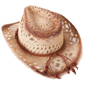 Lanzom Womens Straw Beach Sun Hat Packable Summer Cowboy Straw Hats with Wind Lanyard (US, Alpha, Medium, Brown Beads-Tea Stain)