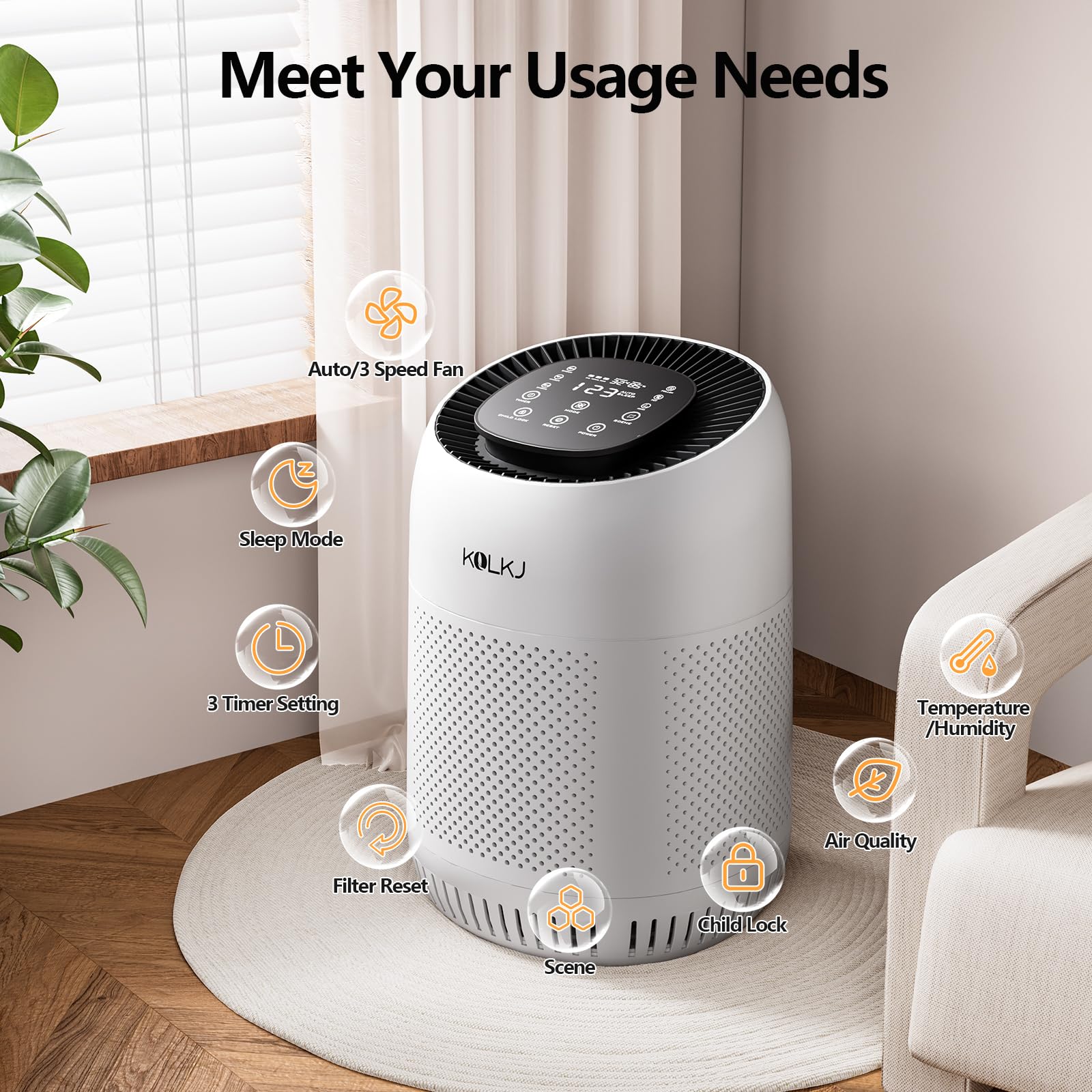 KQLKJ Air Purifiers for Home Room Up to 1076ft², Air Cleaner for 99.99% of Odor, Pollen, Smoke, Dust, Dander, Air Quality, Temperature & Humidity Display, Timer, AUTO Mode, Sleep Mode