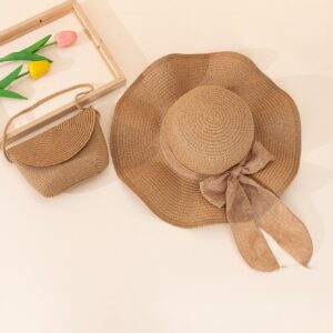 Verdusa Women's Bow Wide Brim Straw Sun Hat and Crossbody Straw Bag Set Khaki One-Size