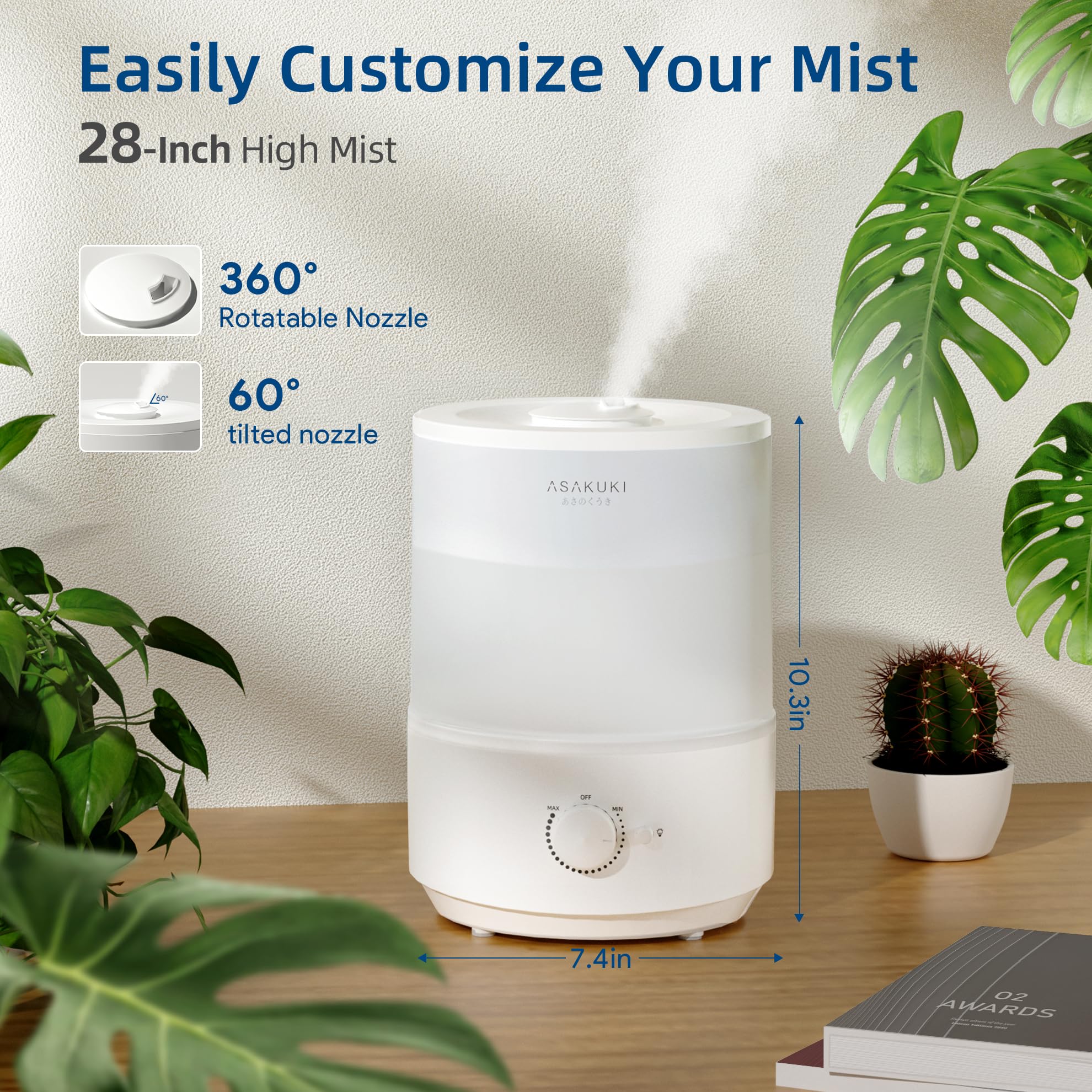 ASAKUKI Humidifiers for Bedroom, 3L Top Fill Cool Mist Humidifiers for Baby Nursery & Plants, 3-IN-1 Quiet Air Humidifier, Oil Diffuser & Night Light for Large Room Home, Auto Shut-off, BPA-Free, 30H