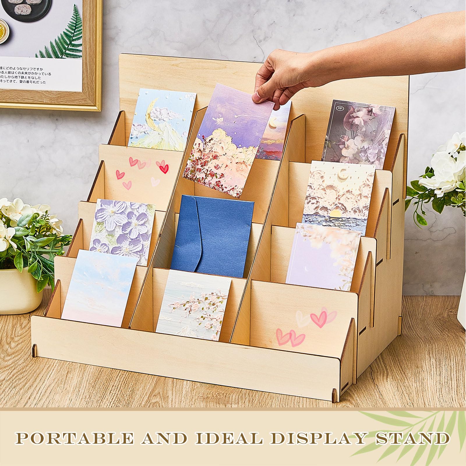 Wenqik 4 Tier 12 Shelves Greeting Card Display Stand Wooden Multipurpose Card Display Rack Sticker Display Stand for Vendors Portable Greeting Card Holder for Cards Picture Photos Organizer Display