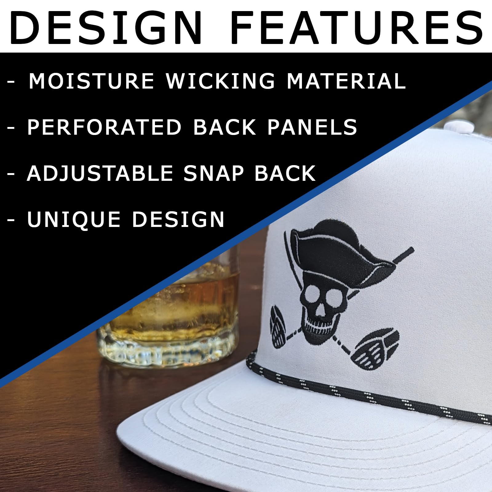 Golf Hat | Funny Pirate Flag Logo | Adjustable Golf Hat | Hat for Men | Golf Gift for Men (Polyester, High Profile White)