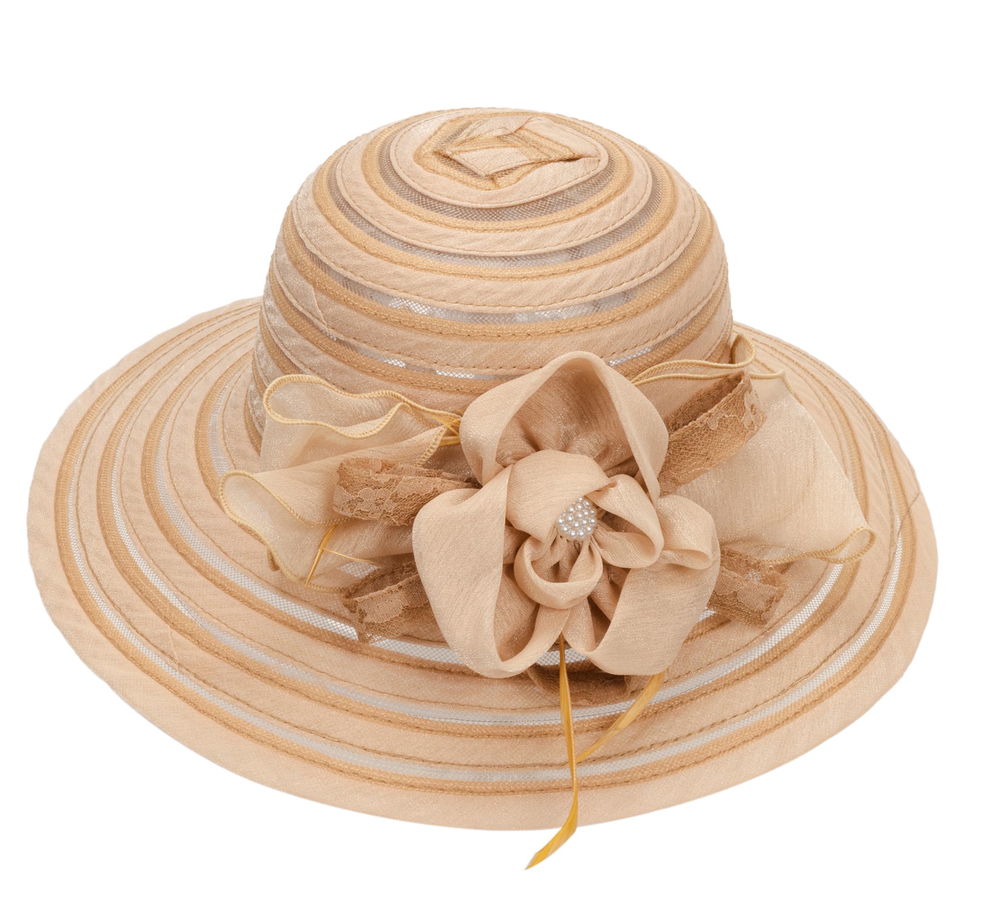 Kentucky Organza Wide Brim Sun Hat Summer Derby Hats for Tea Party Wide Brim Bowler Cap Khaki