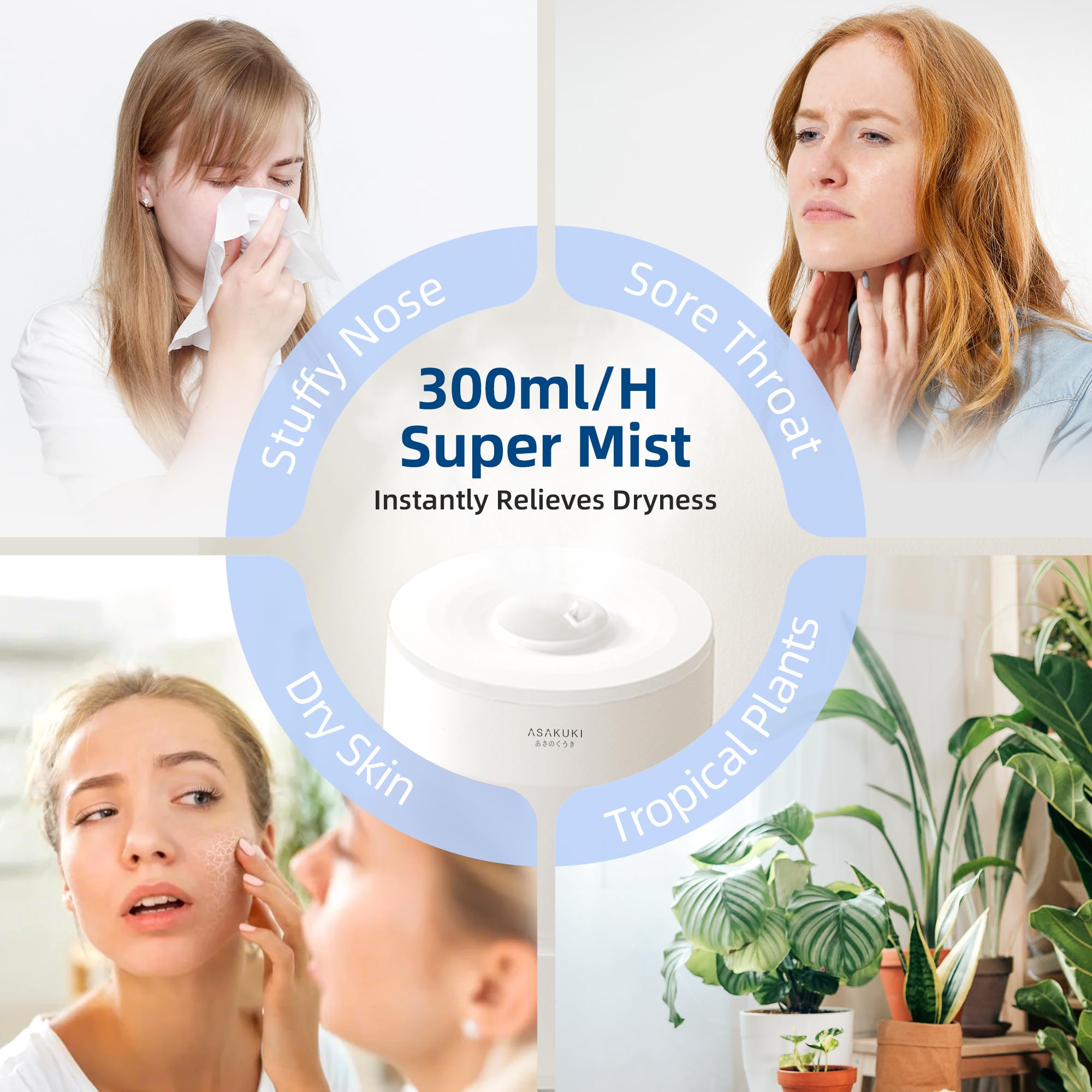 ASAKUKI Humidifiers for Bedroom, 3L Top Fill Cool Mist Humidifiers for Baby Nursery & Plants, 3-IN-1 Quiet Air Humidifier, Oil Diffuser & Night Light for Large Room Home, Auto Shut-off, BPA-Free, 30H