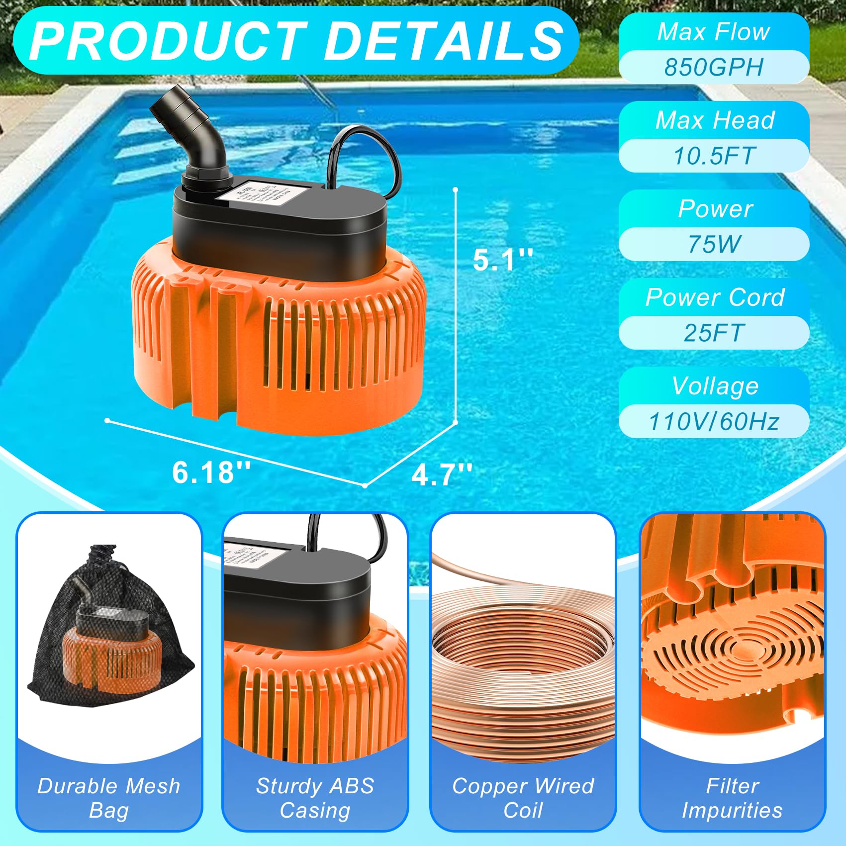 DeeprBetter Pool Cover Pump Above Ground, Submersible Water Pump| Sump Pump for Pool Draining, Submersible Pool Cover Water Removal Pump to Drain Pool Water, Pump Water Remover 850 GPH-Orange