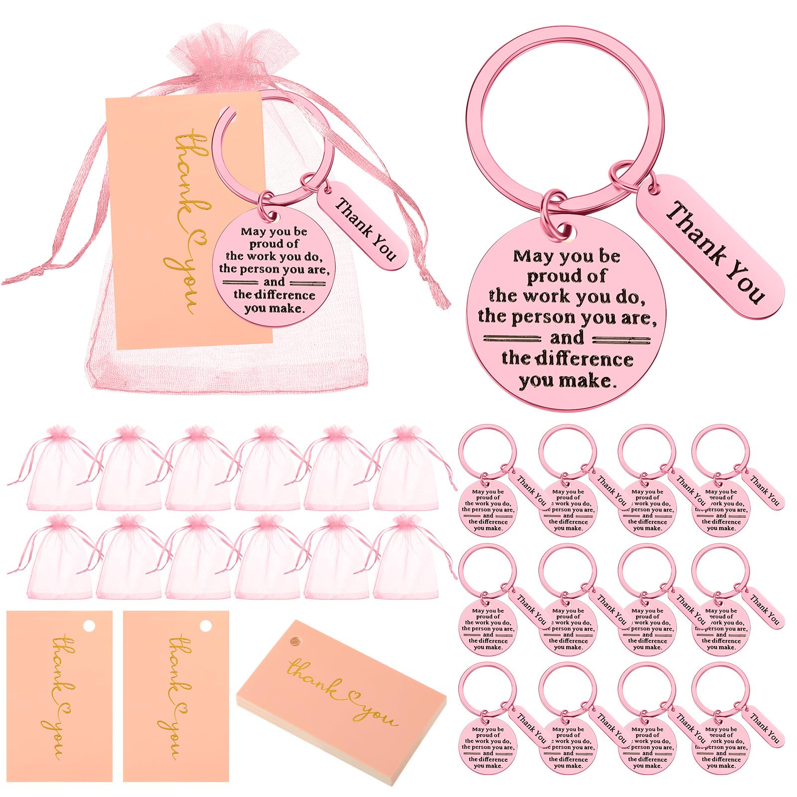 Yinkin 36 Pcs Employee Appreciation Gifts Bulk for Coworkers Keychains Organza Bags with Cards for Social Worker Staff Gifts(Pink)