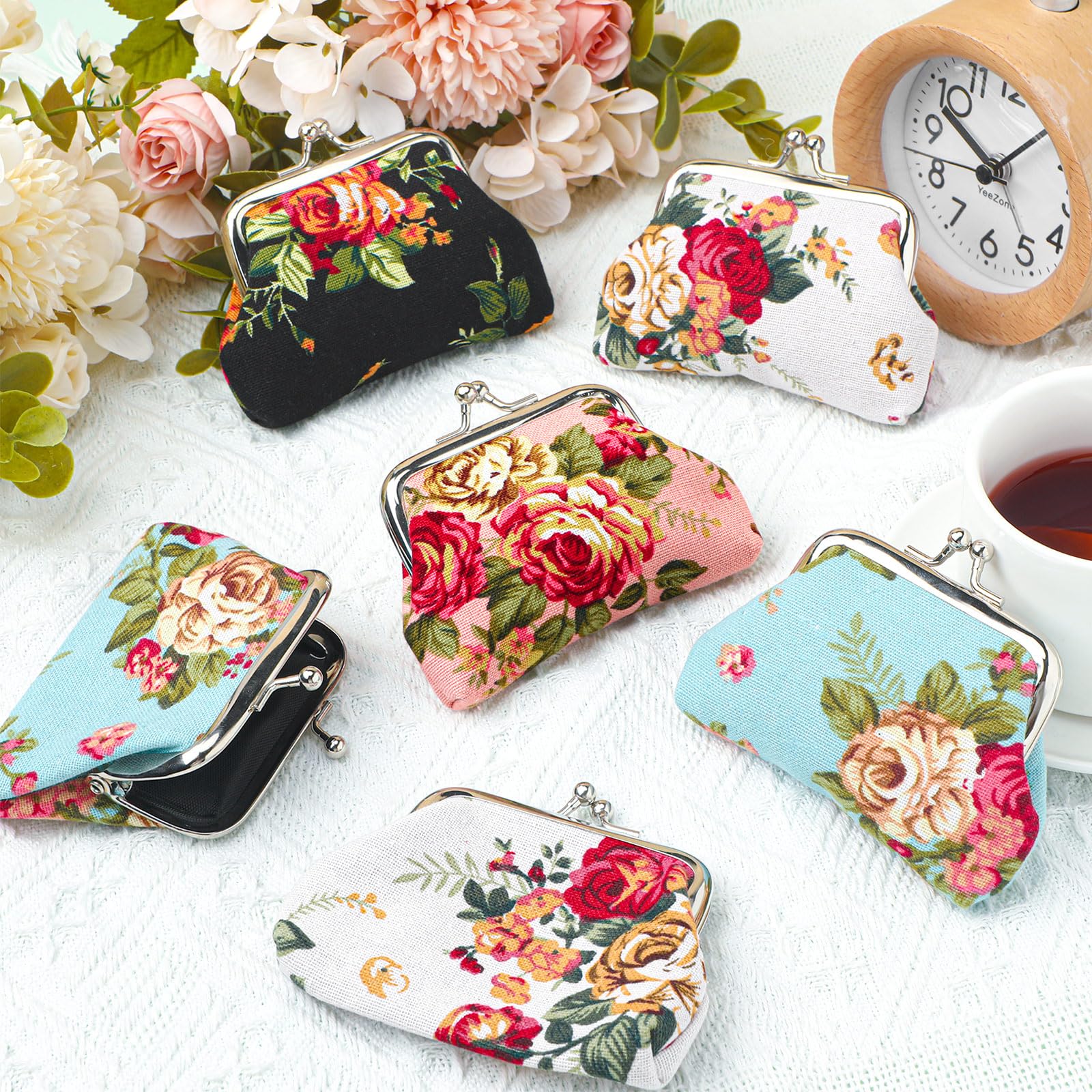 SilTriangle 16 Pcs Canvas Floral Buckle Coin Purses Vintage Kiss Lock Change Purses Bulk Rose Flower Wallet for Women(4 x 3 Inch)