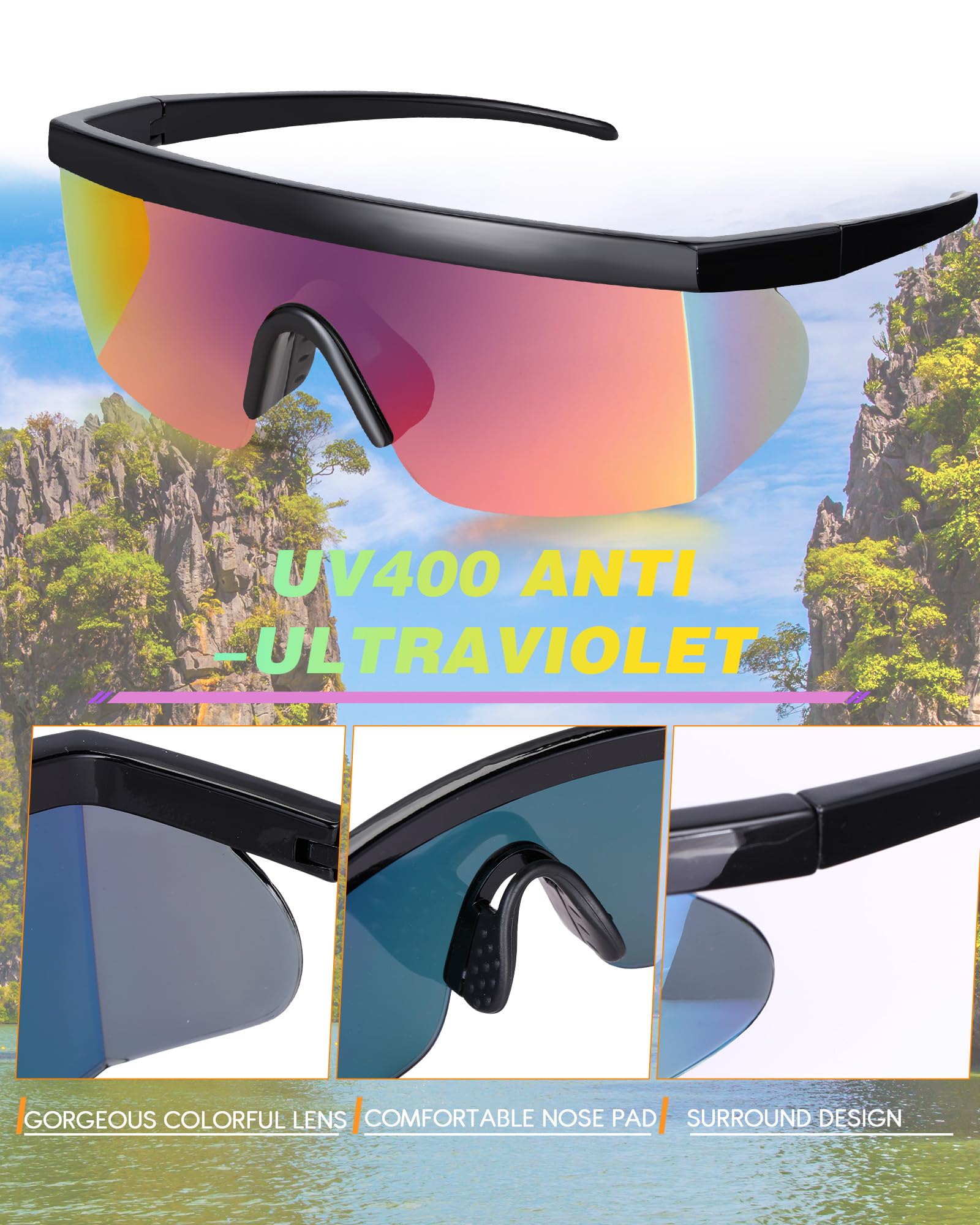 Kanayu 12 Pairs Neon Retro Semi Rimless Sunglasses 80s 90s Sunglasses Goggle Style Retro Rave Shades Glasses Sports Sunglasses for Men Women Adult Youth Teens