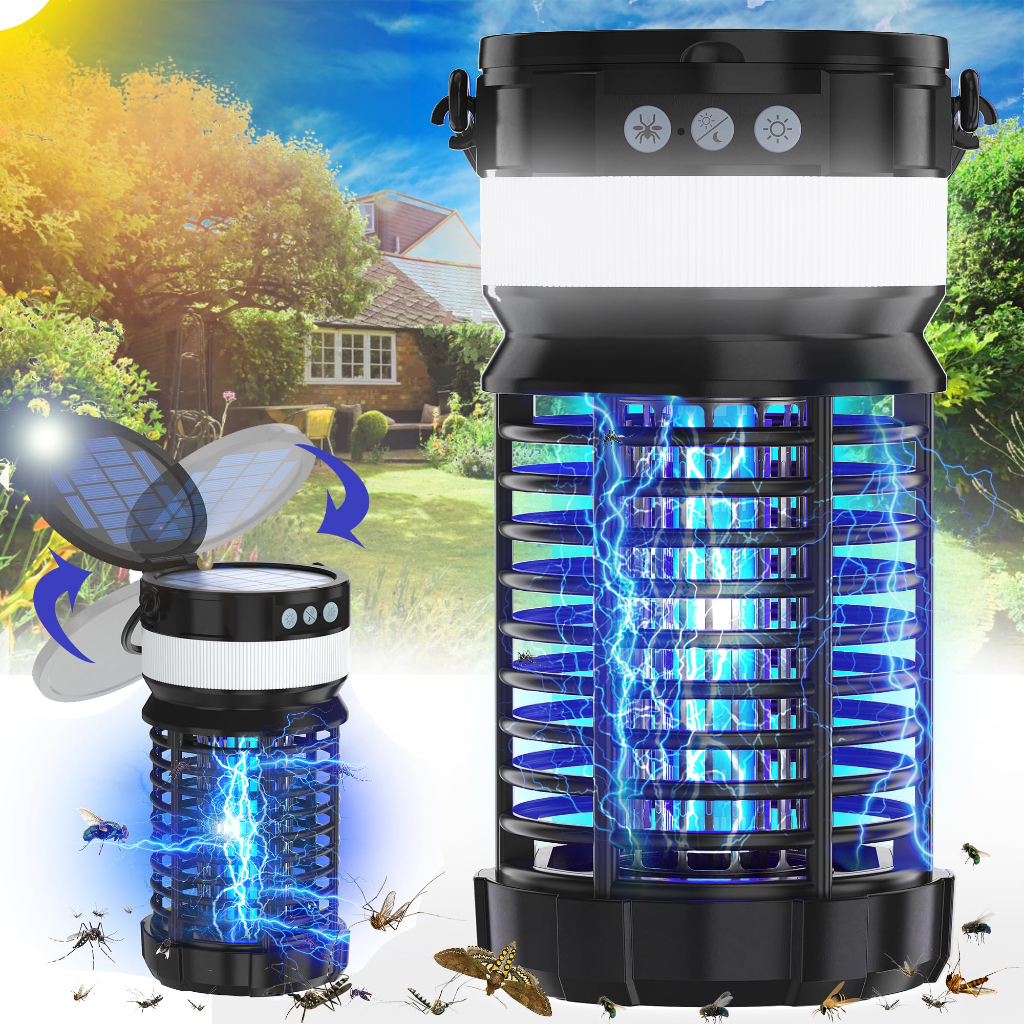 Solar Bug Zapper Outdoor, Mosquito Zapper, Electric Fly Zapper, Cordless & Rechargeable Mosquito Killer, Waterproof Fly Traps for Home Garden Patio Backyard Camping (1,Black)