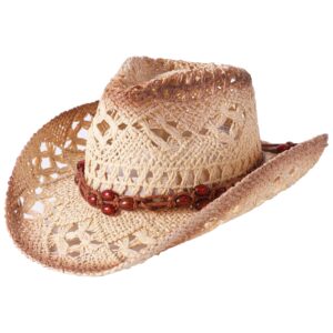 Lanzom Womens Straw Beach Sun Hat Packable Summer Cowboy Straw Hats with Wind Lanyard (US, Alpha, Medium, Brown Beads-Tea Stain)