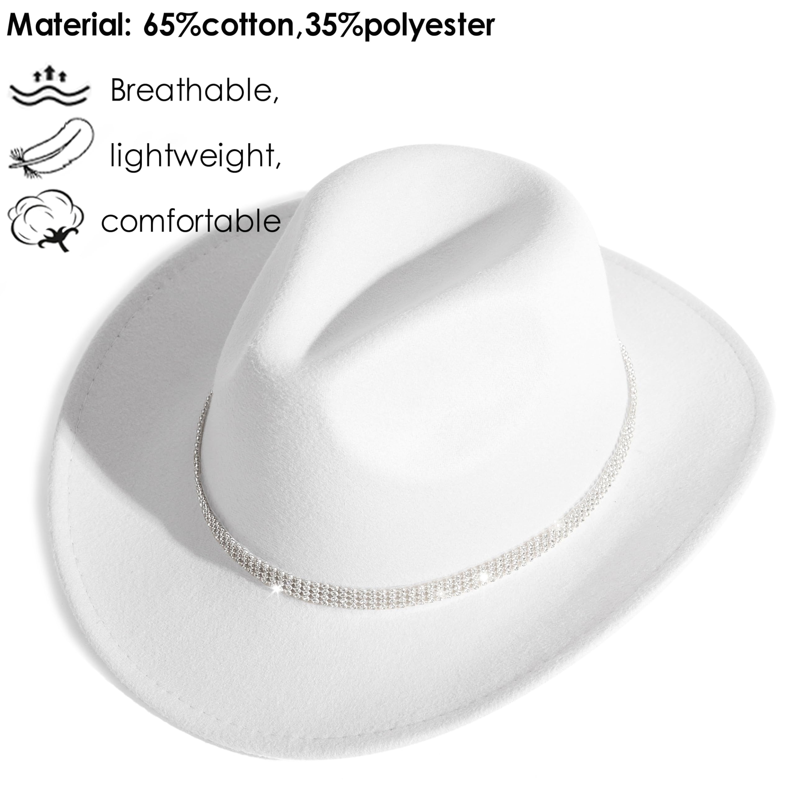 HUDANHUWEI Shiny Rhinestone Cowgirl Hat Bling Wide Brim Cowboy Hat Party Classic White