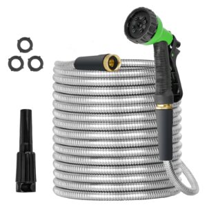 tvkb metal garden hose 100ft stainless steel water hose super tough flexible water pipe with 3/4 inch brass fittings and sprayer nozzle, kink & tangle free, rust proof