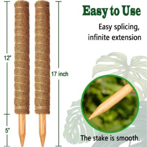 2 Pack 17 Inch Moss Pole, Stackable Moss Poles for Climbing Plants Monstera, Tall Plant Sticks Accessories, Large Coir Plant Support Stakes for Potted Plants Indoor, Pothos, Philodendron