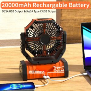 Vackon Portable Outdoor Electric Fan with LED Light 20000mAh Battery Operated camping with hook. USB charging desk fan for Hiking, Fishing, Picnic, Emergency Use