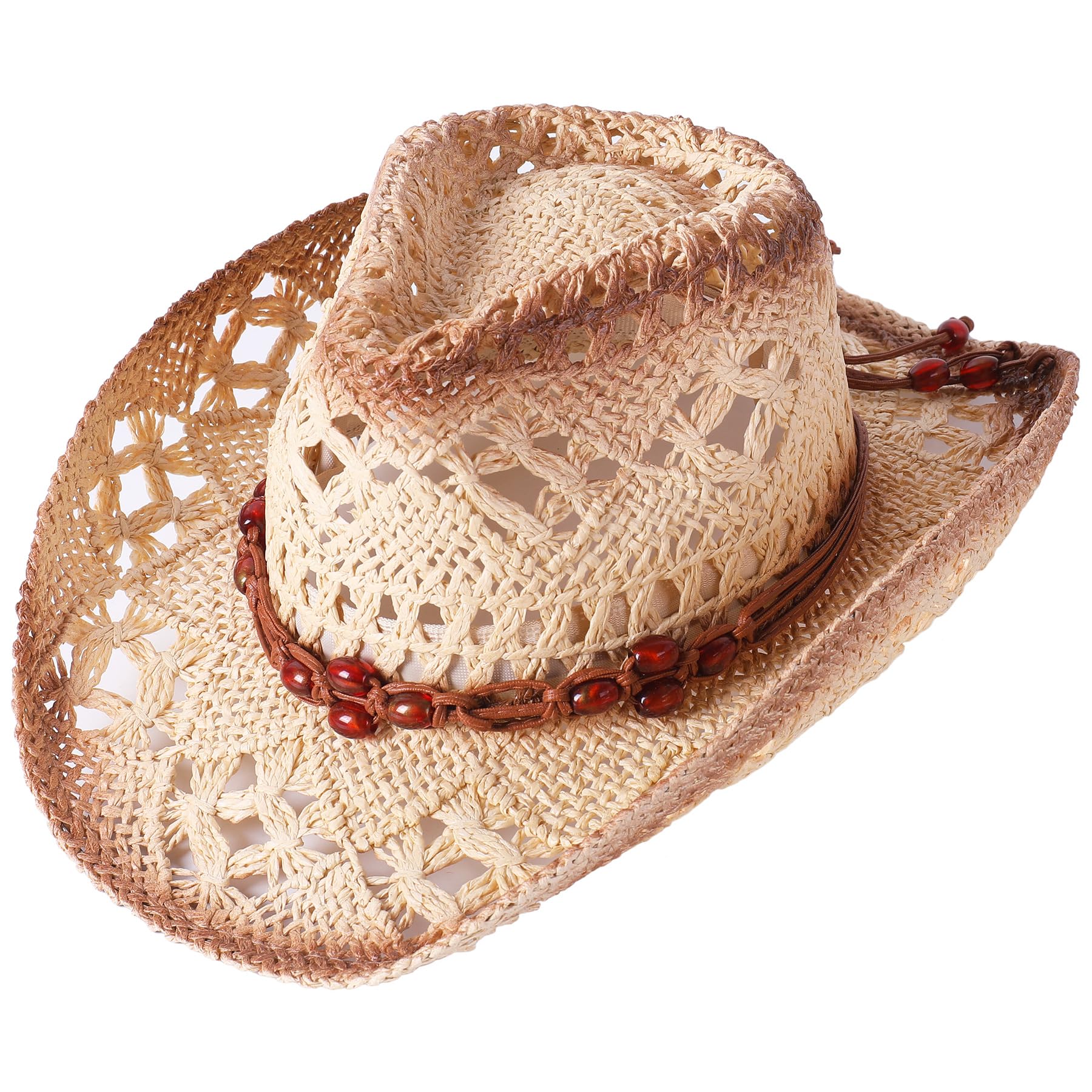 Lanzom Womens Straw Beach Sun Hat Packable Summer Cowboy Straw Hats with Wind Lanyard (US, Alpha, Medium, Brown Beads-Tea Stain)