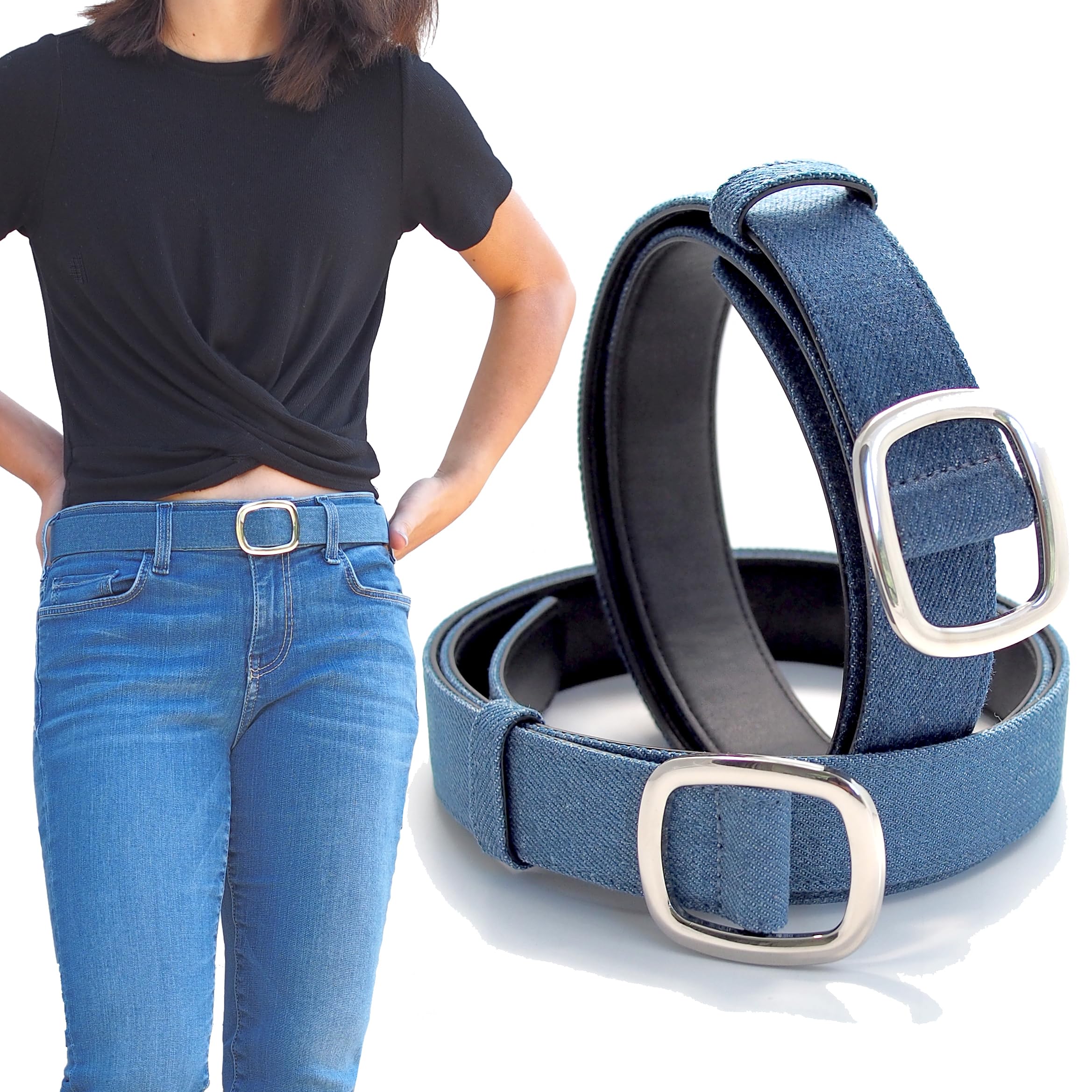 DenimDen 2 Pack Womens Denim Belts for Blue Jeans Belts Fashion Waist Belt for Ladies Pants Dresses