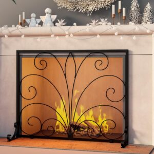 Fire Beauty Fireplace Screen,Handcrafted Wrought Iron Decorative Mesh,Flat Guard Metal Furnace Fireguards Mesh,Fireguards Safe Spark Protector for Living Room,Wood Burning Stove Accessories (Black)