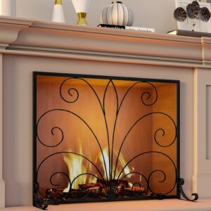 Fire Beauty Fireplace Screen,Handcrafted Wrought Iron Decorative Mesh,Flat Guard Metal Furnace Fireguards Mesh,Fireguards Safe Spark Protector for Living Room,Wood Burning Stove Accessories (Black)