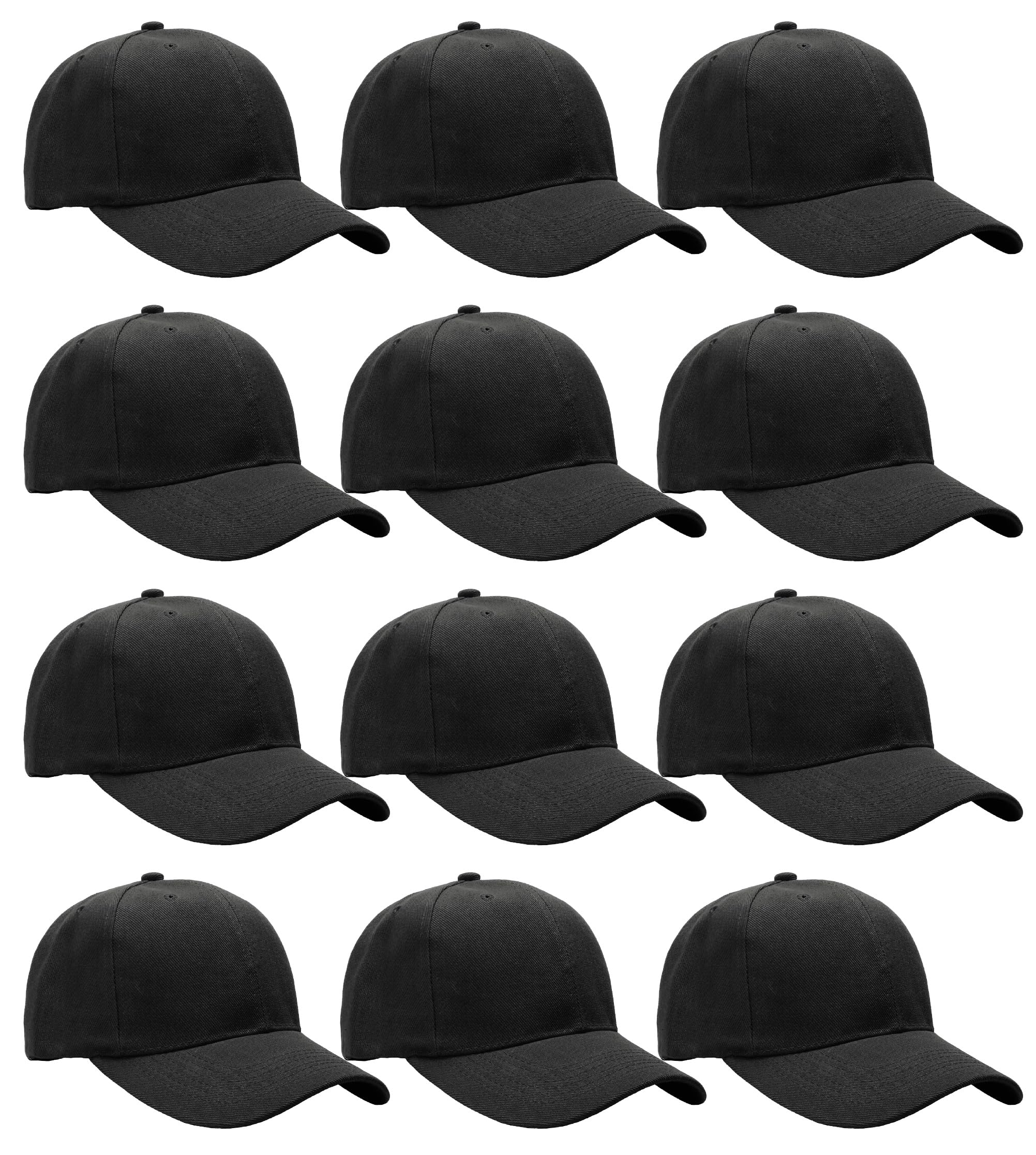 Wholesale Bulk Lot 12-Pack Baseball Cap Adjustable Size Plain Blank Solid Color (12-Pack Black)