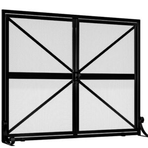 Fire Beauty Fireplace Screen with Doors, 2-Pannel Handcrafted Solid Wrought Iron Decorative Mesh,Baby Safe Proof Firewood Burning Stove Accessories(Black)