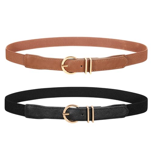 WERFORU 2 Pack Women Elastic Waist Belt Gold Buckle Belt,Black+Brown