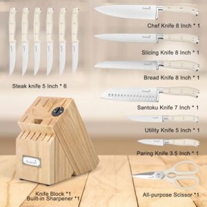 Kuisine Chef Knife Set,High Carbon Stainless Steel Ultra Sharp Blade Ergonomic Handle, Kitchen Knife Block Set with Built-in Sharpener,Elegant Gift for Holiday(Ivory Pro,15PCS)