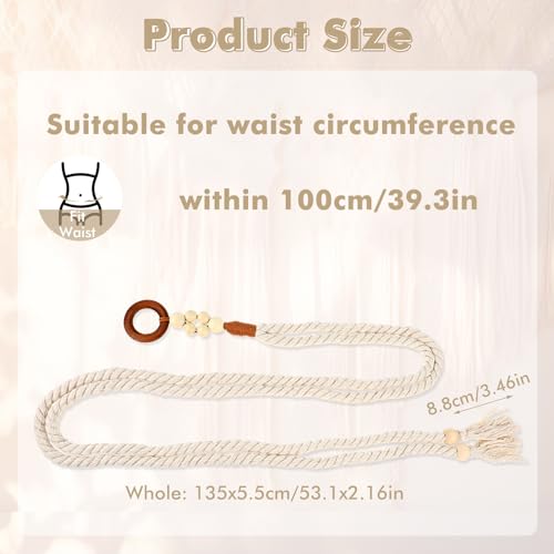 TIESOME Women's Tassel Braided Waist Belt, Skinny Woven Belt for Dress Waist Belt Rope Chain with Woven Wooden Beads for Women Girls Godness (White)