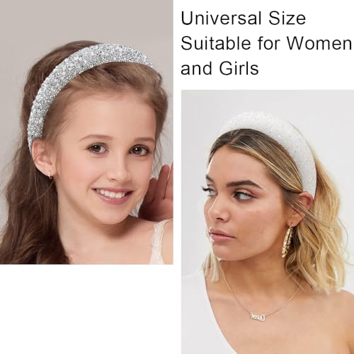 AHONEY 2 Pack Rhinestone Headband for Women Girls, Glitter Sequin Beaded Pearls Padded Headbands for Women Prom Wedding Sparkly Hair Bling Birthday Hair Accessories (Silver&White)