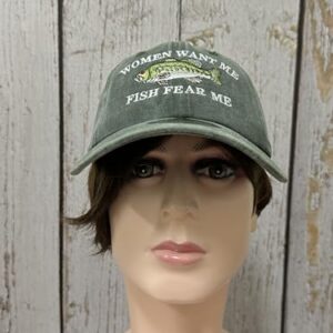 Enodtter Women Want Me Fish Fear Me Hat Trout, Fishing Gifts, Embroidered Army Green Baseball Cap for Men, Adjustable Cotton Dad Hat